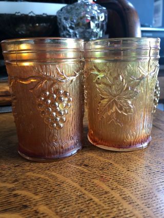 Pair Dugan Vineyard Carnival Glass Marigold Tumblers Exc