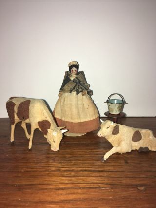Antique Vintage German Cows Wood Head Dollhouse Doll Tin Milk Pail And Stool