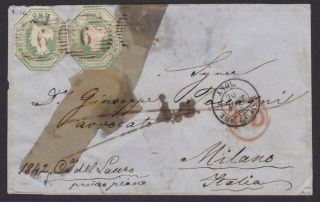 Gb.  Qv.  Sg 54,  1/ - Pale Green Pair On Cover To Milan.  1856.