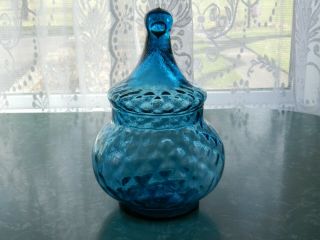 Vtg Italian Art Glass Blue Quilted Candy Dish Bowl Finial Lid Apothecary Jar