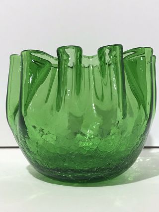 Vintage Mid Century Modern Pilgrim Emeraldgreen Crackle Glass Pinched Rim Vase