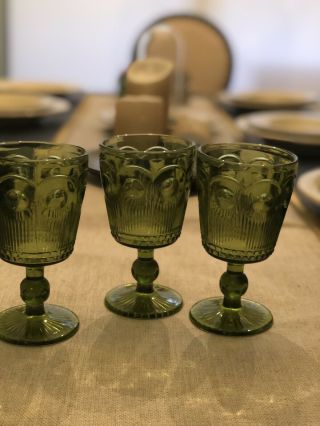 (3) Vintage Bartlett Collins Manhattan Bullseye Green Water Goblets 6 " Glasses