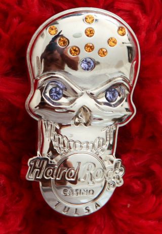 Hard Rock Cafe Pin Tulsa 3d Skull Chrome Rhinestone Jewellled Gem Stone Lapel