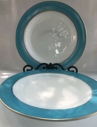 2 Pyrex Milk Glass Plate With Turquoise Blue Aqua And Gold Trim Dinner Plate 10 "