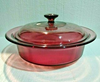 Corning Ware Pyrex Visions Cranberry V - 33 - B 2 1/2 Qt Ribbed Casserole With Lid