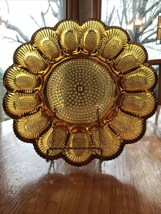 Vintage Indiana Amber Glass Hobnail Deviled Egg Relish Plate Tray 15 Eggs 11”