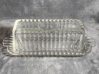 Vintage Deco Style Ribbed Clear Pressed Glass Butter Dish