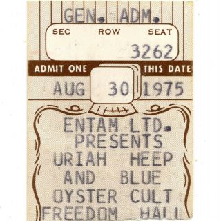 Uriah Heep & Blue Oyster Cult Concert Ticket Stub Louisville Ky 8/30/75 Freedom