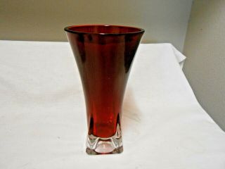 Vintage Red Glass Vase With Clear Square Base 9 " Tall
