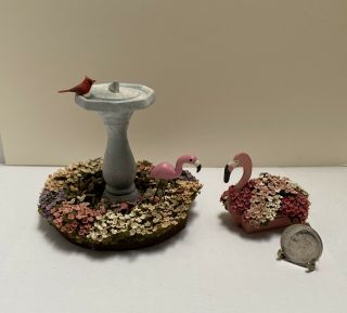Vintage Artisan Signed Wood Sundial Flamingo Planter Dollhouse Miniature 1:12