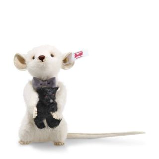 Steiff " Peky Mouse With Teddy Bear " Ean 006852 White Alpaca Mouse W/black Bear
