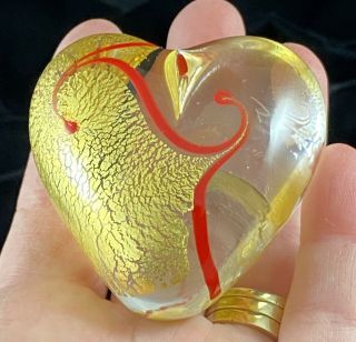 Hand Blown Art Glass Heart Paperweight Signed Rhag Robert Held Gold Foil Red