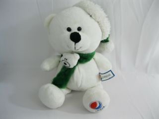 Pepsi Cola White Bear 11 " Plush - Green Santa Hat & Scarf - Christmas -