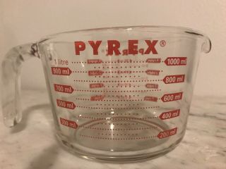 Vintage Pyrex Glass 4 Cup/1 Quart/1 Liter Measuring Cup Open Handle Red Letters 2
