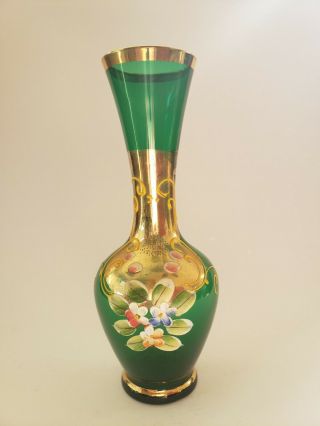 Vintage Bohemian Green Glass Bud Vase Hand Painted With Gold Trim 7” Tall