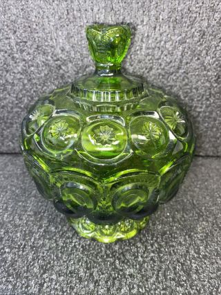 Vintage Le Smith Green Moon & Stars Glass Footed Candy Compote Dish W/lid