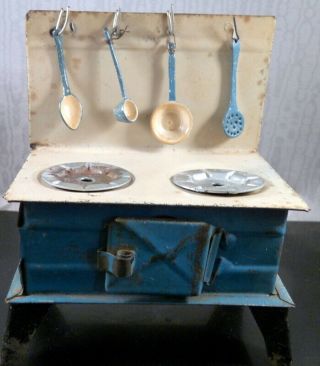 Antique German Blue & White Metal Stove & Utensils 1:12 Dollhouse Miniature