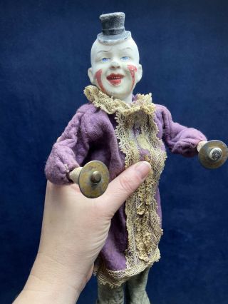 Antique 15 " Comp Mechanical Squeeze Clown Doll Toy Cymbals Orig - Germany Nr