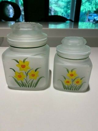 Vintage Anchor Hocking Frosted Glass Kitchen Canisters,  Hand Painted Daffodil 