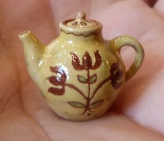 Igma Artisan Jane Graber Miniature Redware Sgraffito Floral Teapot: 1:12 Scale