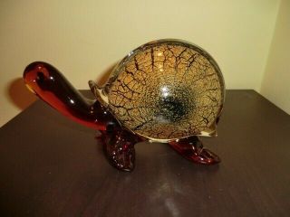 Vintage Hand Blown Art Glass Turtle Tortoise Amber Brown 7.  5 " Width
