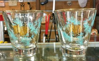2 Vintage Mcm Libbey David Douglas Gold/aqua Pine Cone Cocktail Barware Glasses