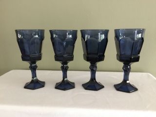 4 Libbey Rock Octagon Base Wine Goblets,  6 Panel,  Dusky Blue,  Cobalt Blue