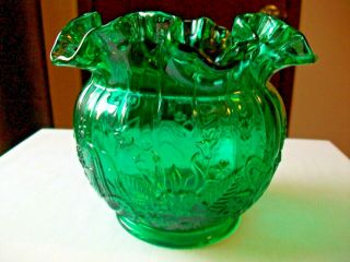 Fenton Old Virginia Glass Ruffled Rose Bowl Vase Teal Green Fern Flower 6 "