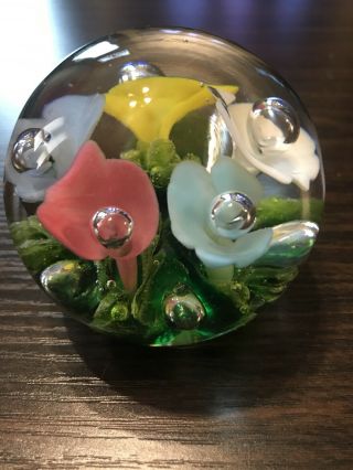 Vtg Joe St Clair Multi Color Trumpet Flowers Bubble Glass Paperweight Signed