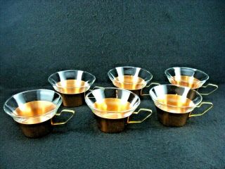 Mid - Century Modern Driburg Kristall Glass Copper Brass Tea Punch Cups Set Of 6