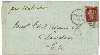 Great Britain 1870 Liverpool Cancel On Circular To London,  Per " Nestorian "