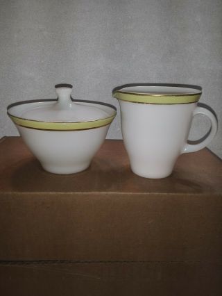 Vintage White Glass Pyrex Creamer And Sugar With Lime Green And Gold Stripe