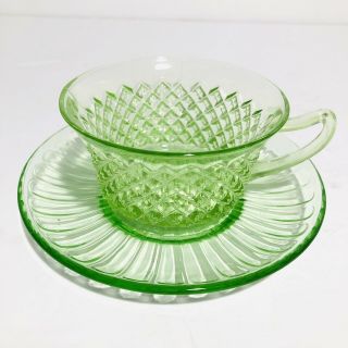 Vintage Vaseline Uranium Green Depression Glass Cup And Saucer