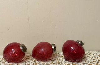 3 Hand Blown Red Crackle Glass Ornament 3.  75” Long