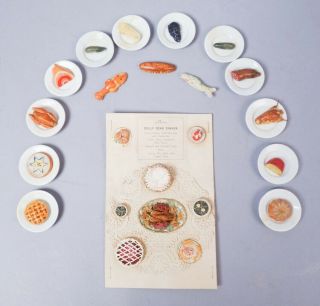 Vintage Set 12 Miniature Dollhouse Plates W Food & Dolly Dear Dinner Menu Card