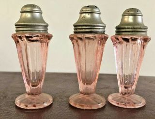 3 Jeannette Sierra Pinwheel S & P Shakers Metal Lids Depression Glass Pink