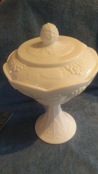 Indiana White Milk Glass Grape Harvest Footed Covered Compote Lid Candy Dish