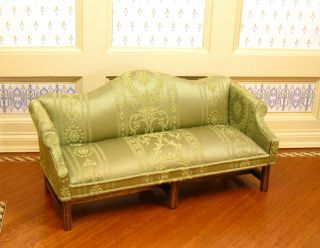 Nellie Belt Upholstered Green Long Sofa Couch - Artisan Dollhouse Miniature