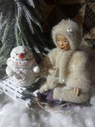 Carved Wood Hitty Doll In Vintage Style 6.  5 (16.  5cm),  Her Snowman.