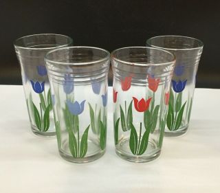 4 Vtg Swanky Swig Tulip 3 Juice Glasses 1950 Ribbed 3 Colors Hazel Atlas Kraft