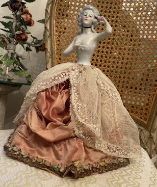 Antique Porcelain German Half Doll Tambour Lace Ribbon Work French 11”w 4” Doll