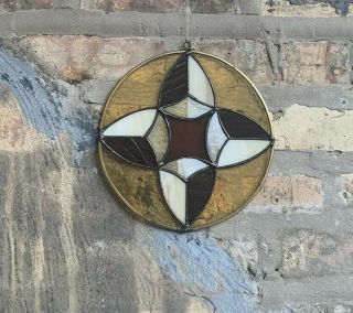 Vtg Retro 1970 - 80’s Hanging Brown & Amber Stained Glass Disc Panel 8”