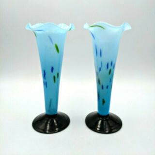 Vintage Black Base Blue Art Glass Hand Blown Bud Vase Japan