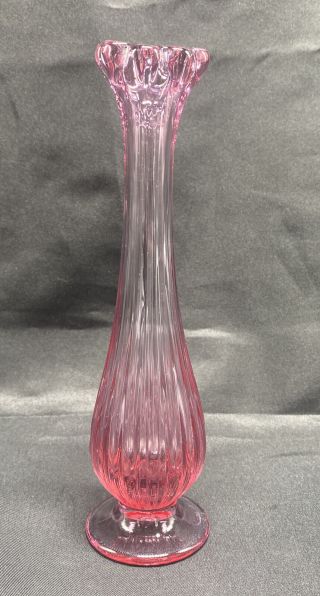 Vintage Fenton Art Glass Cranberry Pink Ribbed 7” Tall Ruffled Flower Bud Vase