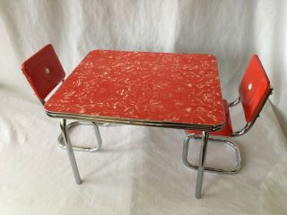 American Girl Doll Molly Red Formica Table And Chairs Retro Chrome Vinyl Euc