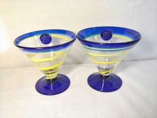 Royal Caribbean Kosta Boda Cobalt Blue Yellow Swirl Martini Glasses Set Of 2