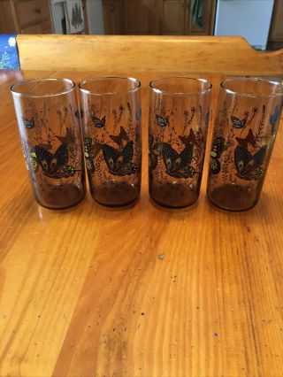 Vintage Anchor Hocking Drinking Glasses Butterflies & Flowers Set Of 4 Tall
