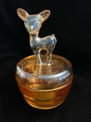 Vintage 1940s Jeanette Marigold Carnival Glass Deer Powder Jar/ Trinket Holder