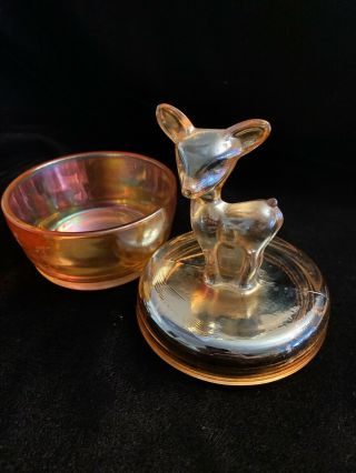 Vintage 1940S Jeanette Marigold Carnival Glass Deer Powder Jar/ trinket Holder 3