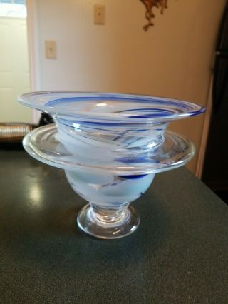 Vintage Unique Blue Art Glass Candy Nut Dish Double Bowl Signed Dated 1990